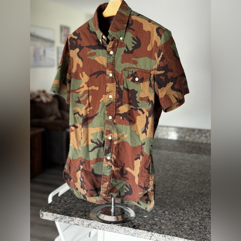 Polo Ralph Lauren Shirt Mens S Slim Green Camo Seersucker Short Sleeve